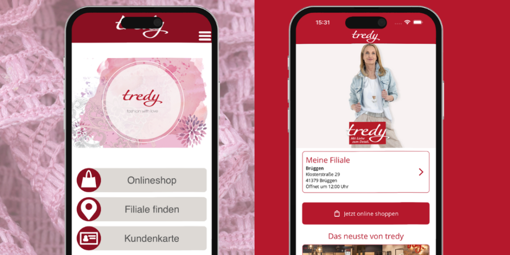 Vorher-Nachher-Vergleich der tredy Fashion App. Links: alte, schlichte Benutzeroberfläche in Rosa. Rechts: modernes, ansprechendes Design mit großem Bild, rotem Hintergrund und klaren Funktionen.