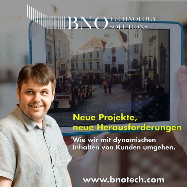 Im Hintergrund ist ein Tablet zu sehen, mit dem ein Foto einer Fußgängerzone gemacht wird, im Vordergrund ist Bastian Noffer mit dem Titel des Artikels abgebildet.