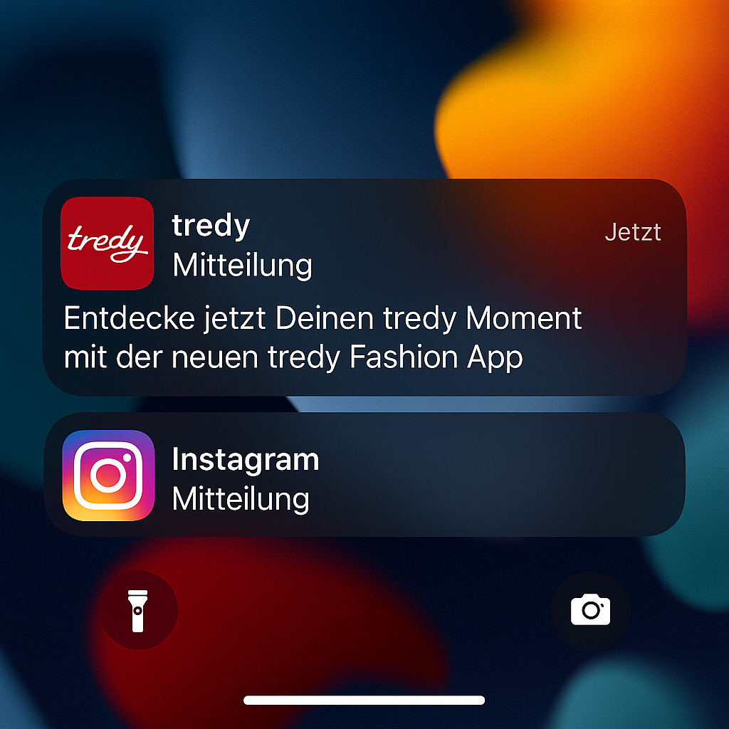 Ausschnitt des unteren Drittels eines iPhones Startbildschirms mit 2 Benachrichtigungen, die erste ist aufgeklappt und zeigt das Logo von tredy Fashion sowie die Meldung: Entdecke jetzt Deinen tredy Moment mit der neuen tredy Fashion App