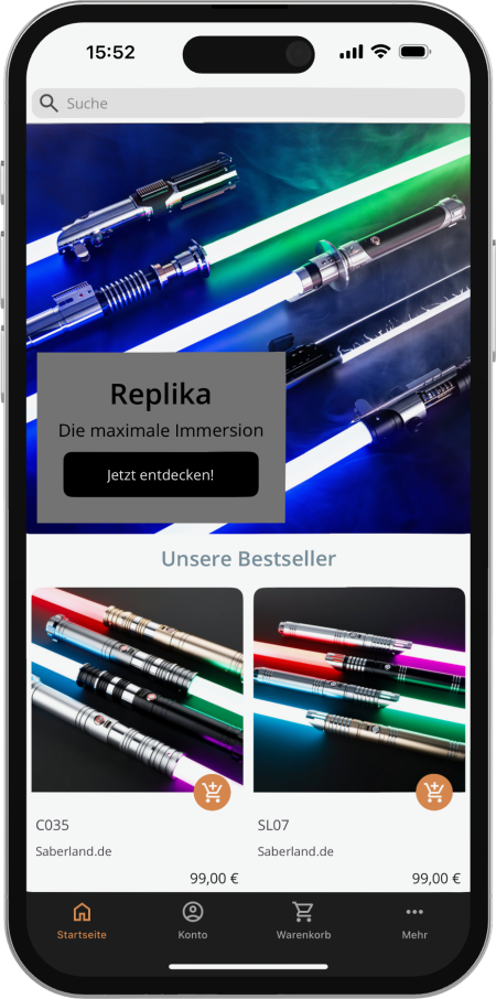 Die Mobile App von Saberland.de auf einem iPhone.