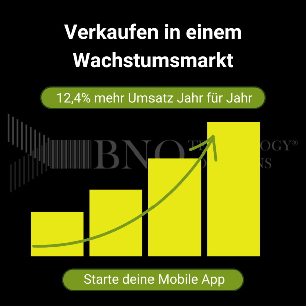 Säulendiagramm mit einem nach oben zeigenden Pfeil und der Überschrift: Verkaufen in einem Wachstumsmarkt