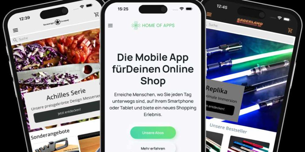 Das Logo von Home of Apps und darunter 3 iPhones welche 2 Shopping Apps und die Homepage von Home of Apps zeigen.