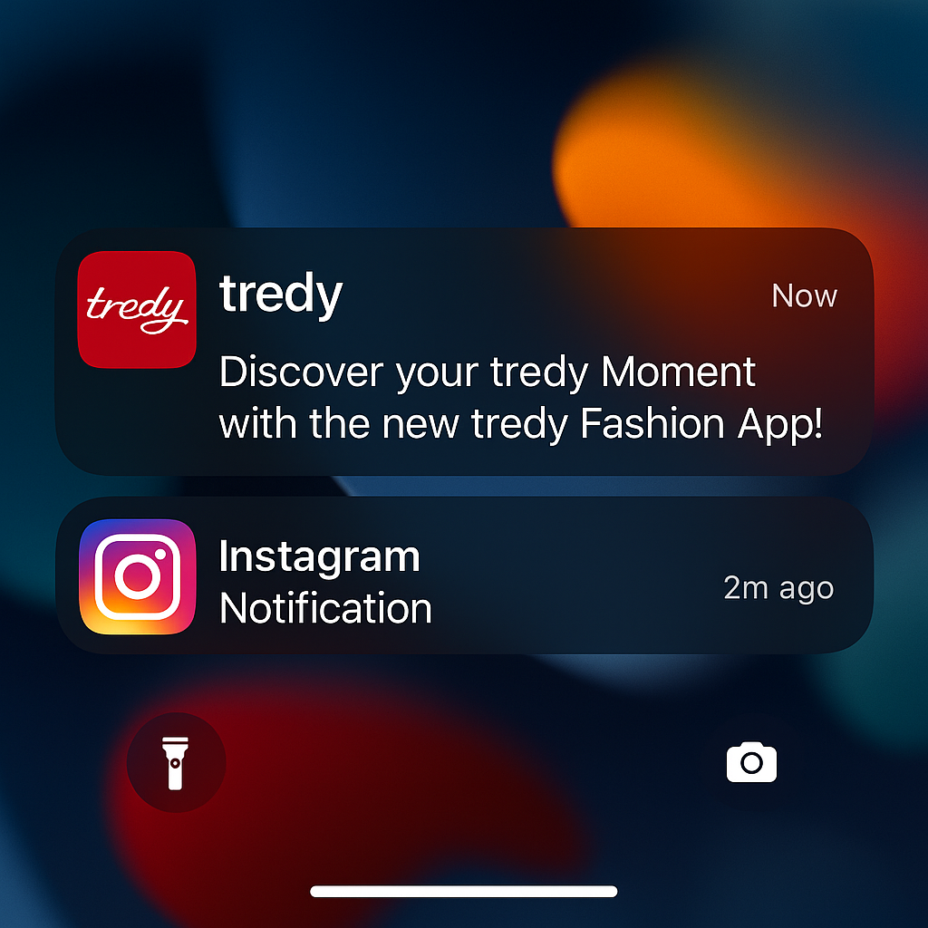Screenshot of the bottom third of an iPhone home screen with two notifications, the first of which is open and shows the tredy Fashion logo and the message: Discover your tredy Moment with the new tredy Fashion app.
