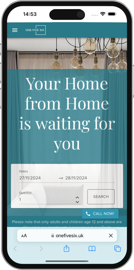 Das neue Buchungsportal von One Five Six in Mobile Safari auf einem iPhone.