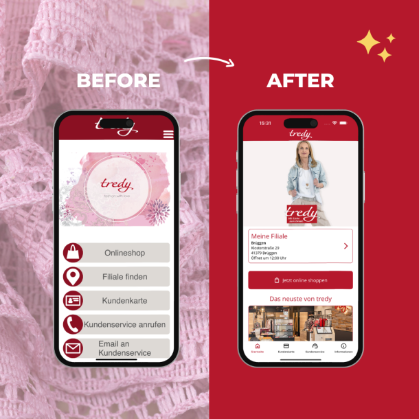 Before and after comparison of the tredy Fashion app. Left: old, simple user interface in pink. Right: modern, appealing design with large image, red background, and clear functions.
