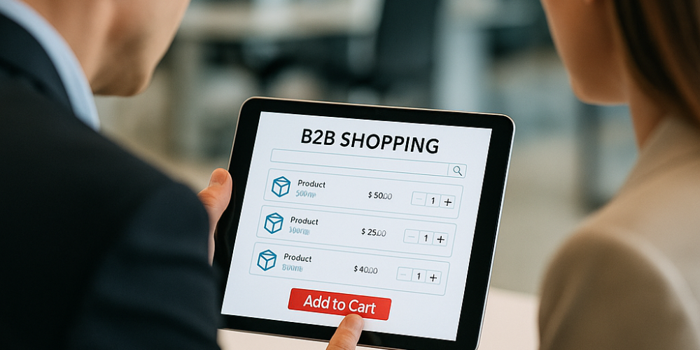 Zwei Geschäftspartner betrachten ein Tablet mit einer B2B-Shopping-App in einem modernen Büro.