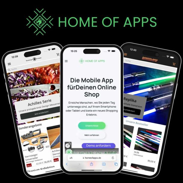 Das Logo von Home of Apps und darunter 3 iPhones welche 2 Shopping Apps und die Homepage von Home of Apps zeigen.