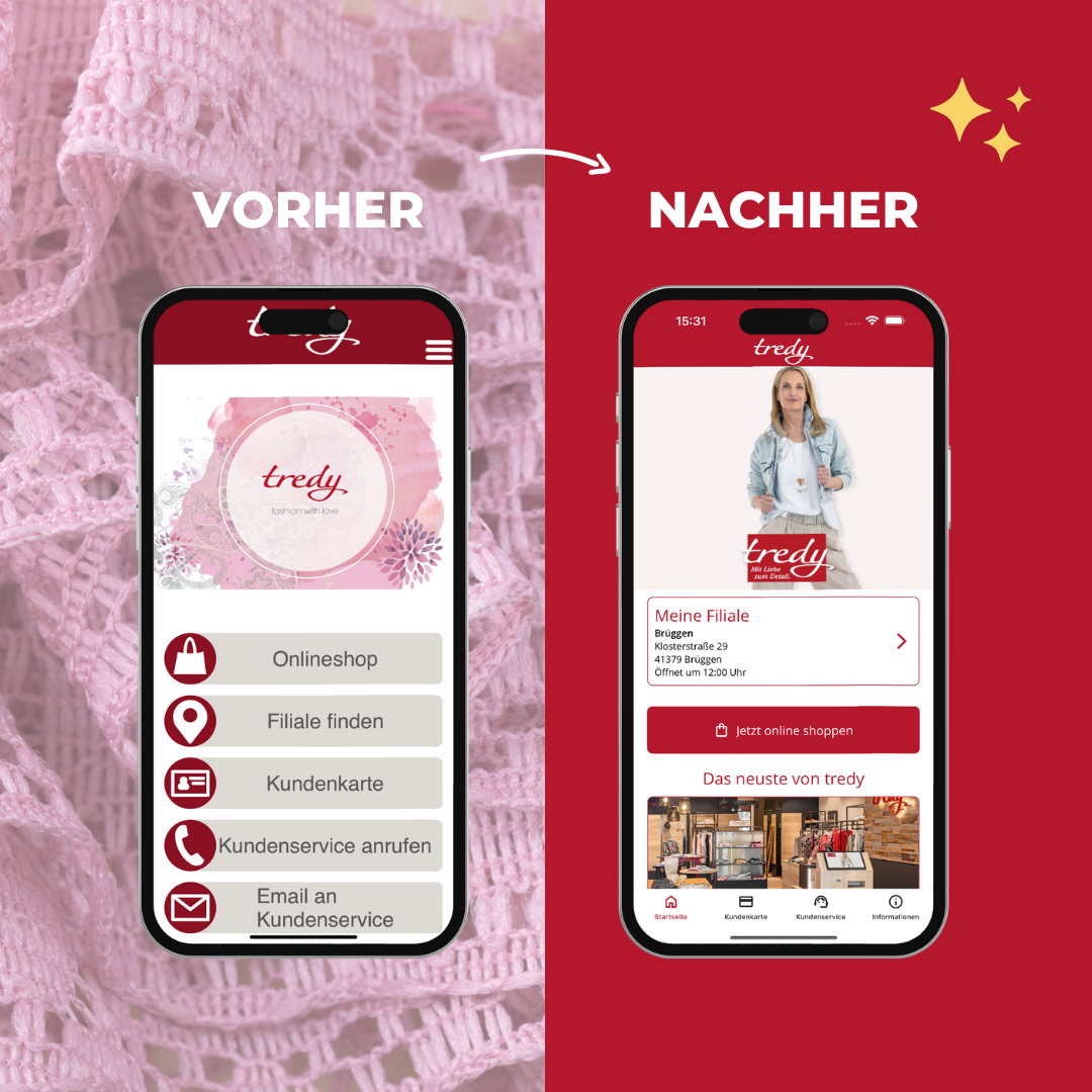 Vorher-Nachher-Vergleich der tredy Fashion App. Links: alte, schlichte Benutzeroberfläche in Rosa. Rechts: modernes, ansprechendes Design mit großem Bild, rotem Hintergrund und klaren Funktionen.