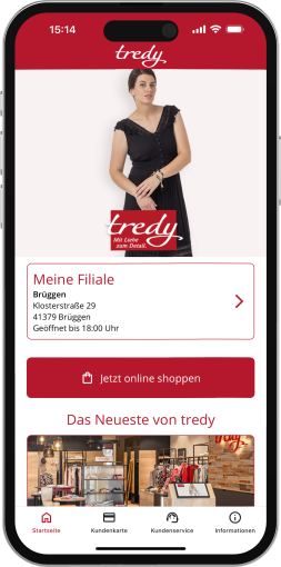 iPhone 15 Pro welches die App von tredy Fashion zeigt.