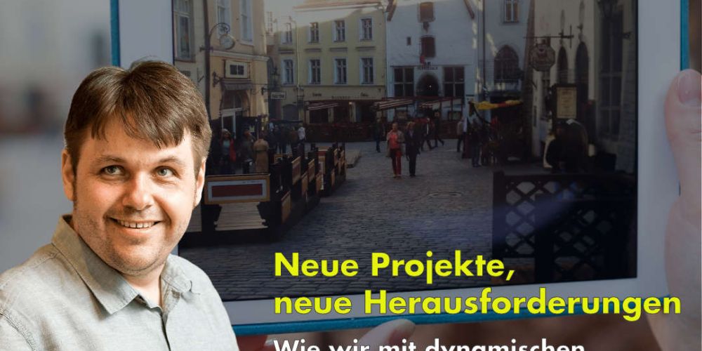 Im Hintergrund ist ein Tablet zu sehen, mit dem ein Foto einer Fußgängerzone gemacht wird, im Vordergrund ist Bastian Noffer mit dem Titel des Artikels abgebildet.