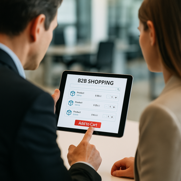 Zwei Geschäftspartner betrachten ein Tablet mit einer B2B-Shopping-App in einem modernen Büro.