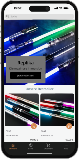 iPhone 15 Pro welches die App von Saberland.de zeigt.